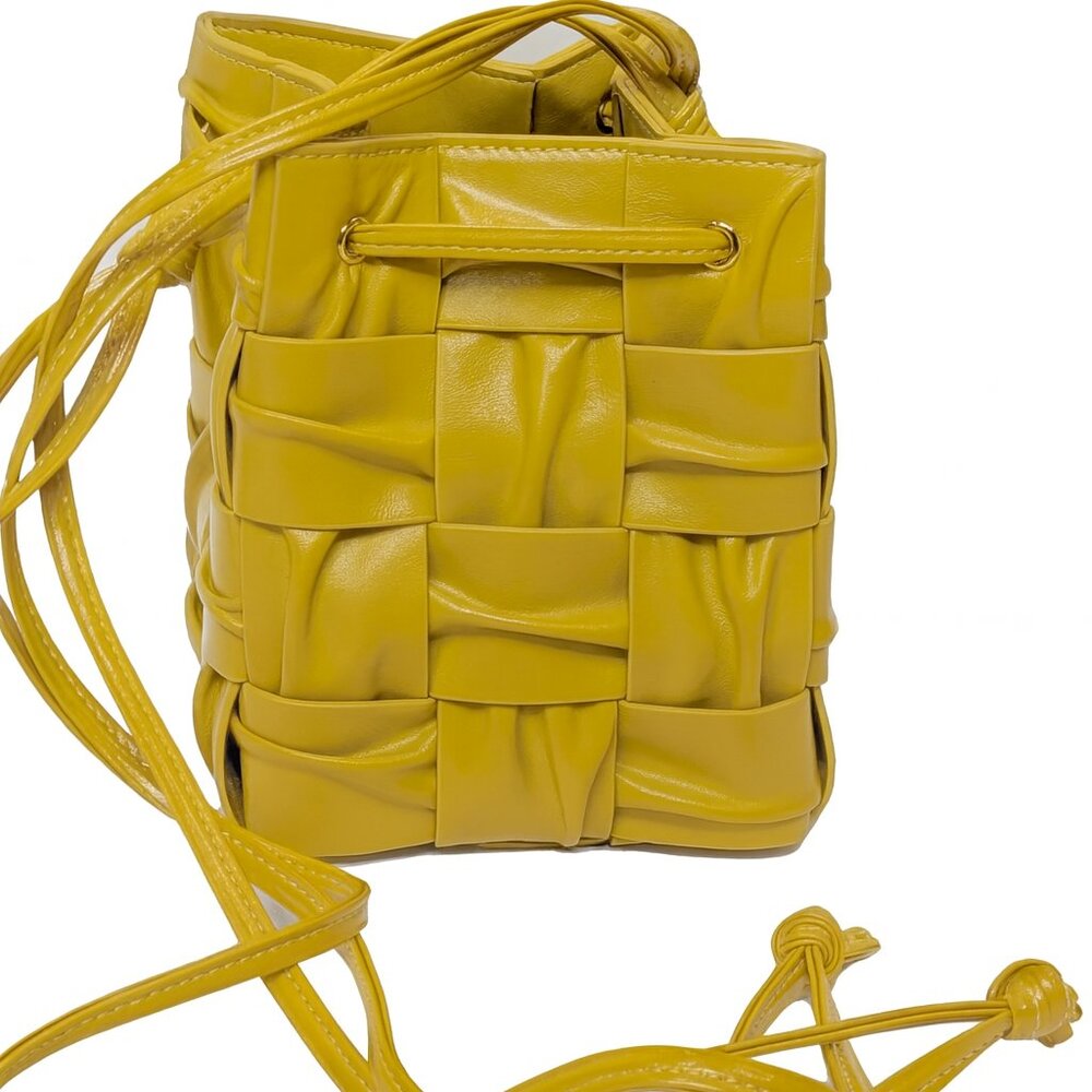 Mustard Yellow Woven Leather Cube Crossbody Shoulder Bag – Bottega Style, Medium